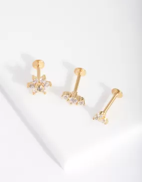 Gold Surgical Steel Flower Flat Back Earring Pack