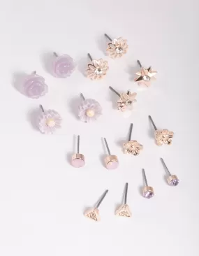 Rose Gold Triangle & Flower Stud Earring 8-Pack