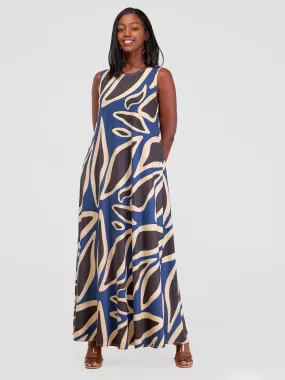 Vivo Lumi Back Pleat Maxi Dress - Navy / Taupe Omo Print